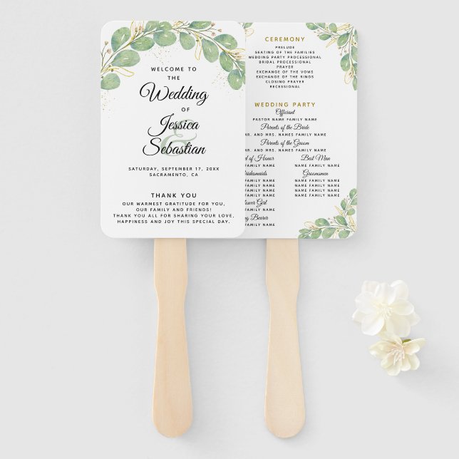 Elegant Eucalyptus Wedding Program Hand Fan (Front and Back)