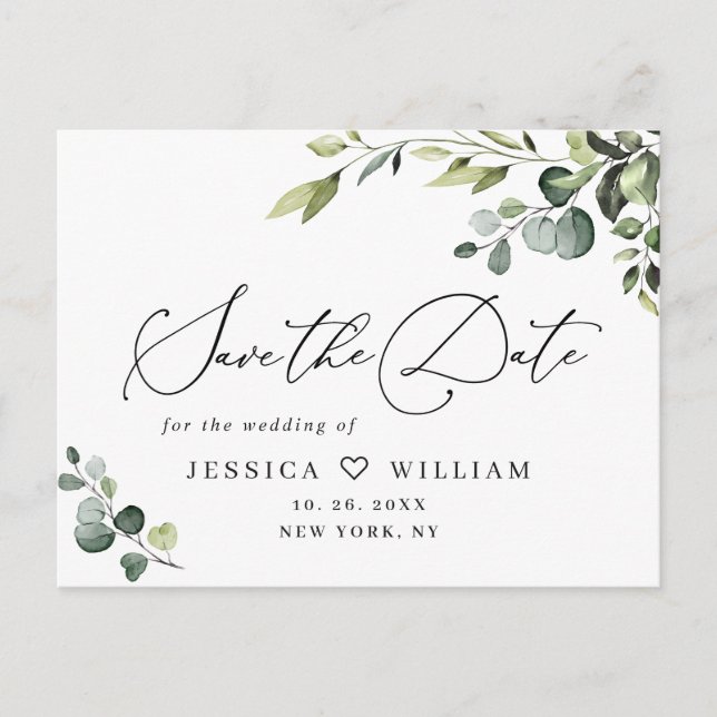 Elegant Eucalyptus Wedding Save the Date QR code Postcard (Front)