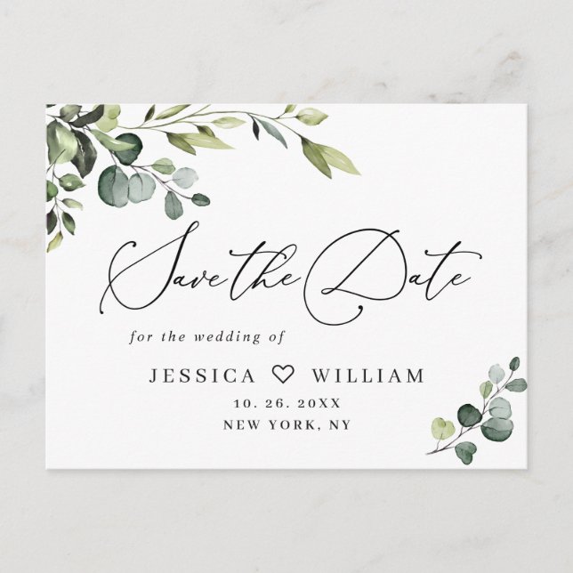 Elegant Eucalyptus Wedding Save the Date QR code Postcard (Front)