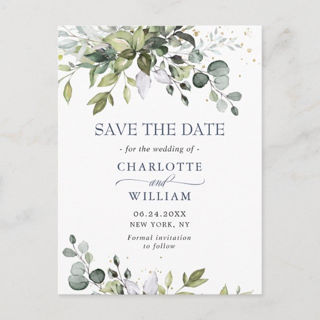Elegant Eucalyptus Wedding Save the Date QR code Postcard (Front)