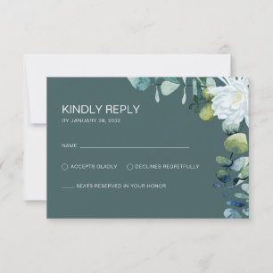 Elegant eucalyptus white flowers chic wedding RSVP card