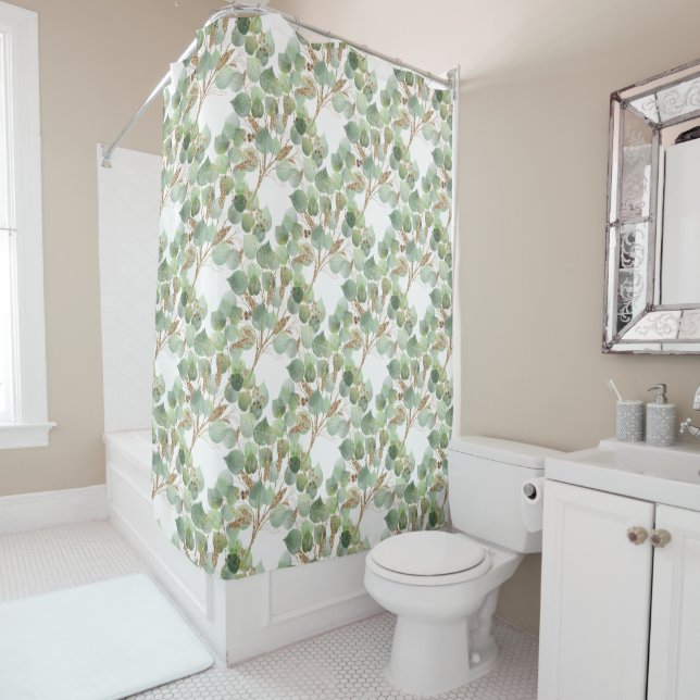 ELEGANT EUCALYPTUS WHITE INSPIRED SHOWER CURTAIN (In Situ)