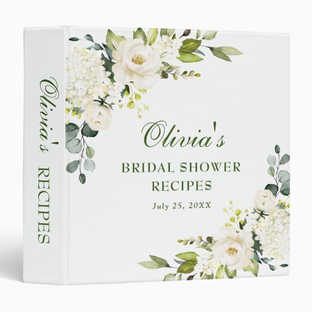 Elegant Eucalyptus White Rose Bridal Shower Recipe Binder (Front/Spine)