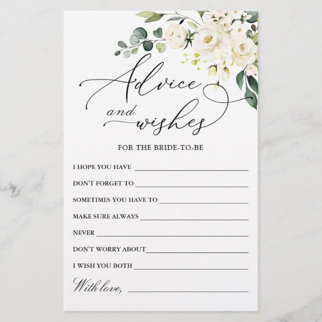 Elegant Eucalyptus White Rose Wishes & Advice Card (Front)