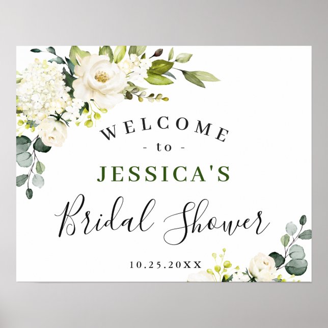 Elegant Eucalyptus White Roses BRIDAL SHOWER Poster (Front)