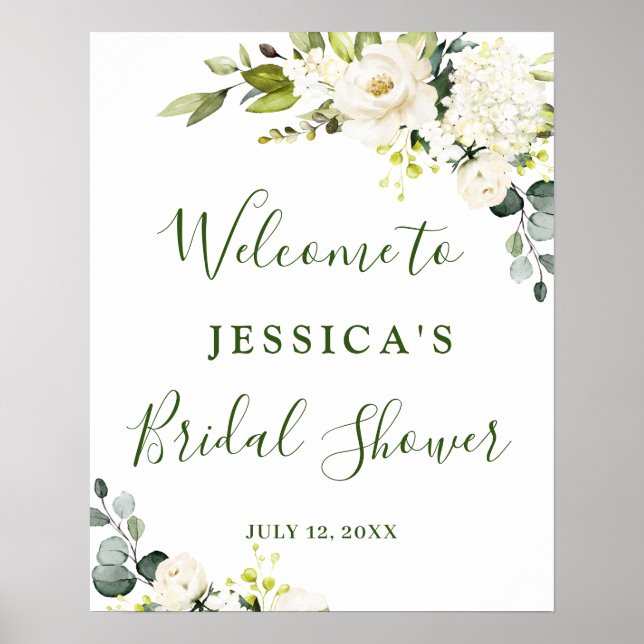 Elegant Eucalyptus White Roses Bridal Shower Poster (Front)