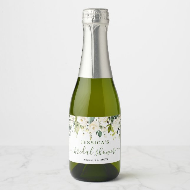 Elegant Eucalyptus White Roses Bridal Shower Sparkling Wine Label (Front)