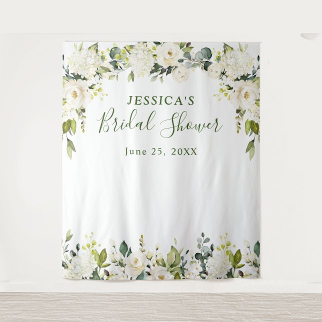 Elegant Eucalyptus White Roses Bridal Shower Tapestry (Front)