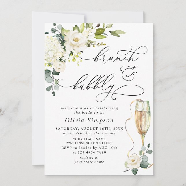 Elegant Eucalyptus White Roses Brunch & Bubbly Invitation (Front)
