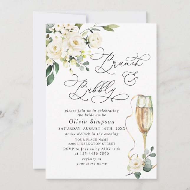 Elegant Eucalyptus White Roses Brunch & Bubbly Invitation (Front)