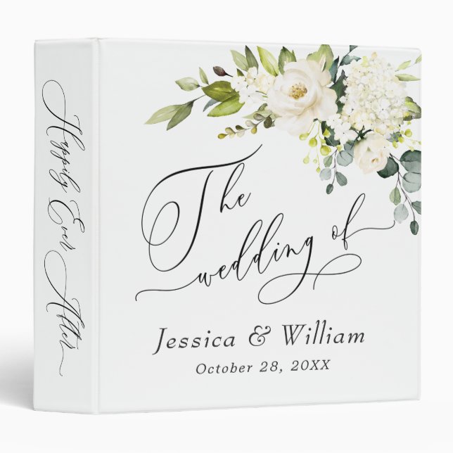 Elegant Eucalyptus White Roses Floral Wedding Binder (Front/Spine)