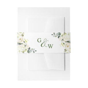 Elegant Eucalyptus White Roses Floral Wedding Invitation Belly Band