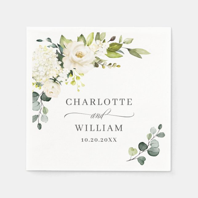 Elegant Eucalyptus White Roses Floral Wedding Napkin (Front)