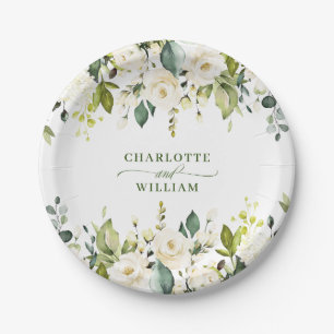 Elegant Eucalyptus White Roses Floral Wedding Paper Plate