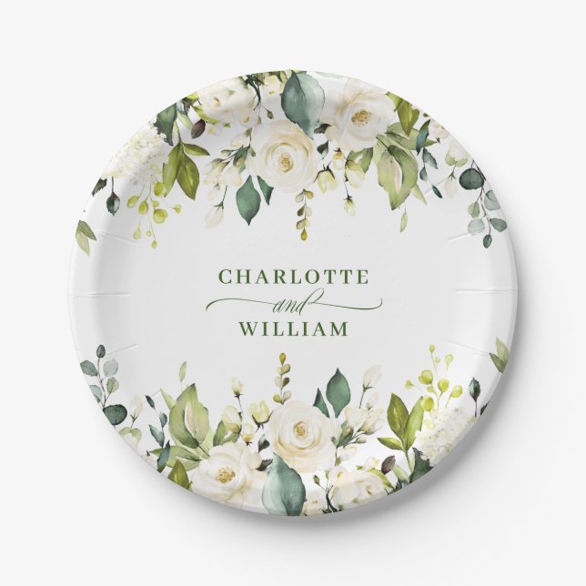 Elegant Eucalyptus White Roses Floral Wedding Paper Plate (Front)