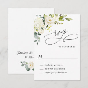 Elegant Eucalyptus White Roses Floral Wedding RSVP Card