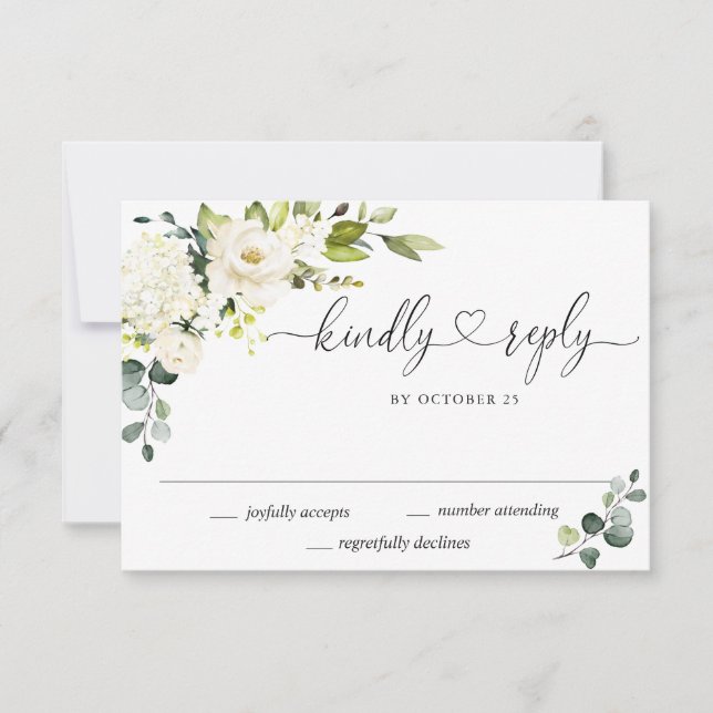 Elegant Eucalyptus White Roses Floral Wedding RSVP Card (Front)