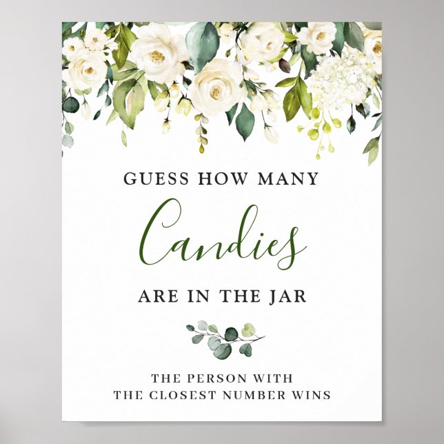 Elegant Eucalyptus White Roses GUESS Sign Poster (Front)