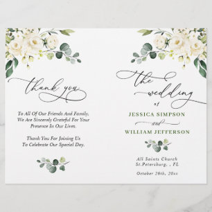 Elégant Eucalyptus White Roses Programme de mariag