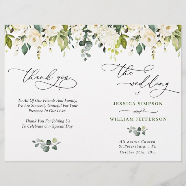 Elégant Eucalyptus White Roses Programme de mariag (Devant)