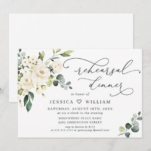 Elegant Eucalyptus White Roses REHEARSAL DINNER Invitation