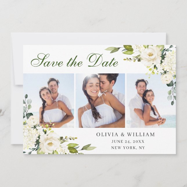 Elegant Eucalyptus White Roses Wedding 3 PHOTO Save The Date (Front)