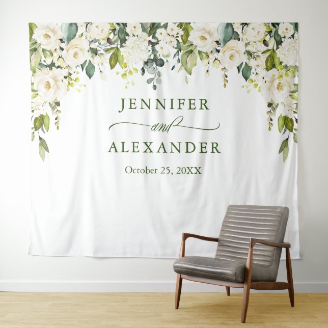 Elegant Eucalyptus White Roses Wedding Backdrop Tapestry (In Situ (Horizontal))