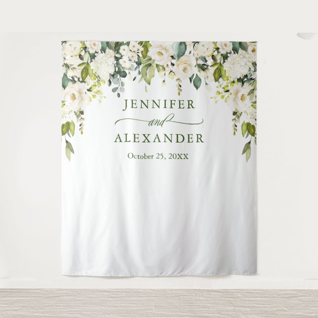 Elegant Eucalyptus White Roses Wedding Backdrop Tapestry (Front)