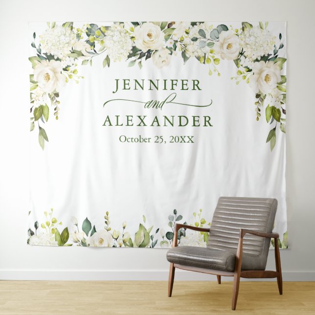 Elegant Eucalyptus White Roses Wedding Backdrop Tapestry (In Situ (Horizontal))