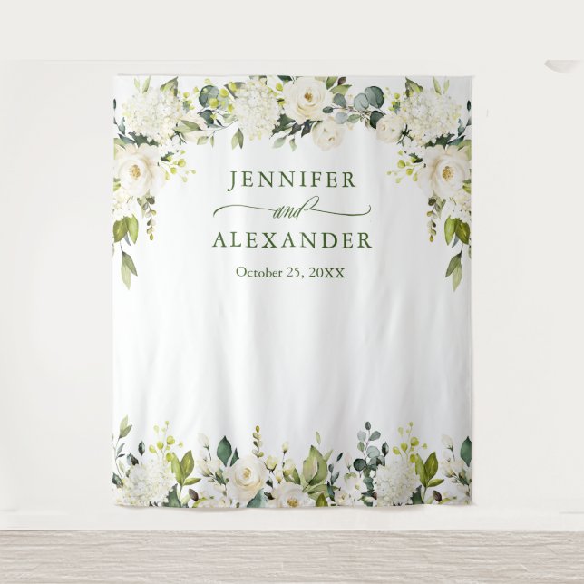 Elegant Eucalyptus White Roses Wedding Backdrop Tapestry (Front)