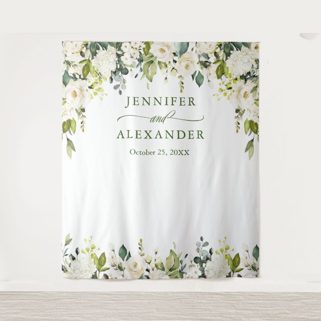 Elegant Eucalyptus White Roses Wedding Backdrop Tapestry (Front)