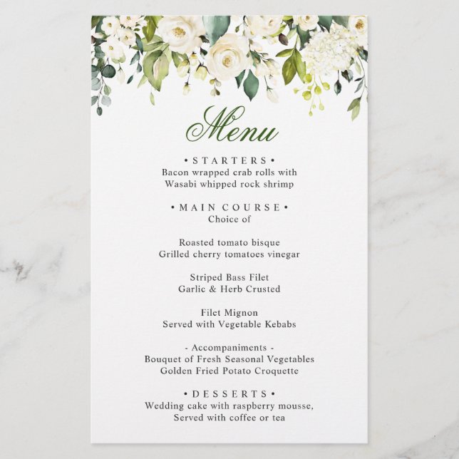 Elegant Eucalyptus White Roses Wedding Dinner Menu (Front)