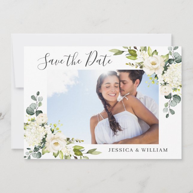 Elegant Eucalyptus White Roses Wedding PHOTO Save The Date (Front)