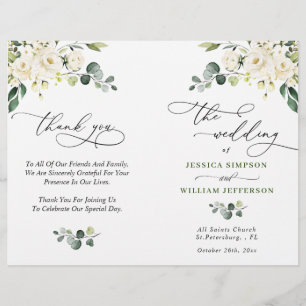 Elegant Eucalyptus White Roses Wedding Program