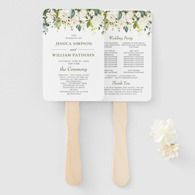Elegant Eucalyptus White Roses Wedding Program Han Hand Fan (Front and Back)