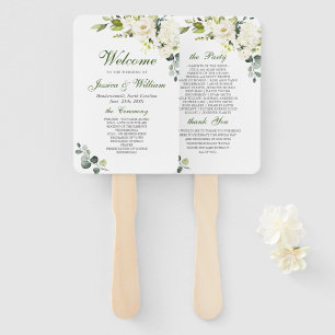 Elegant Eucalyptus White Roses Wedding Program Han Hand Fan