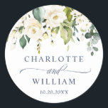 Elegant Eucalyptus White Roses Wedding Thank You Classic Round Sticker<br><div class="desc">For further customization,  please click the "customize further" link and use our design tool to modify this template. 
If you need help or matching items,  please contact me.</div>