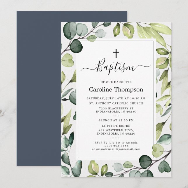 Elegant Eucalyptus With Greenery Baptism Invitation (Front/Back)