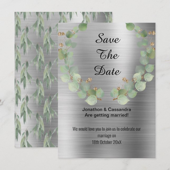ELEGANT EUCALYPTUS WREATH SILVER SAVE THE DATE (Front/Back)