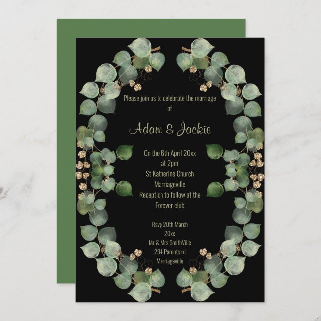Elegant Eucalyptus Wreath Wedding Black Invitation (Front/Back)