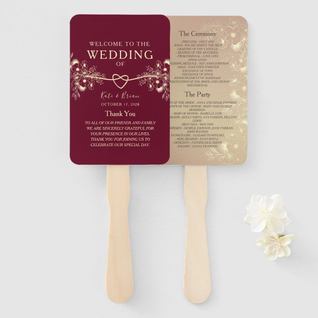 Élégant éventail à main pour programme de mariage  (Devant et derrière)