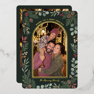 Elegant Evergreen Botanical Frame Family Photos Foil Holiday Card