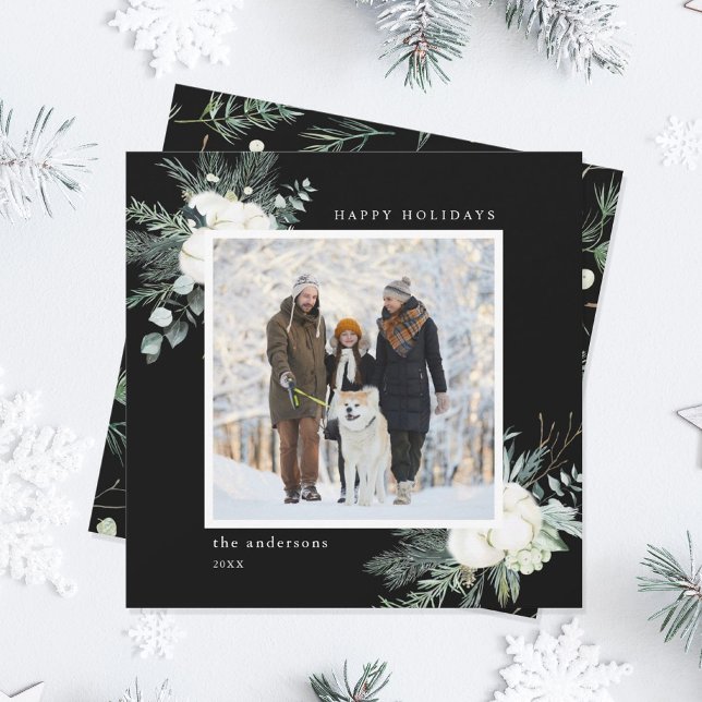 Elegant Evergreen & Cotton Flowers Photo Black Holiday Card (Creator Uploaded)