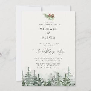 Elegant Evergreen Greenery Winter Wedding Invitation