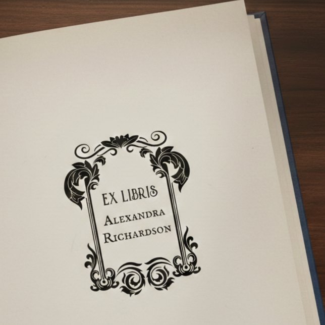 Elegant Ex Libris Rubber Stamp (elegant floral ex libris bookplate rubber stamp with custom name)