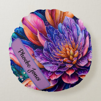 Elegant exotic flowers, watercolor throw round pillow