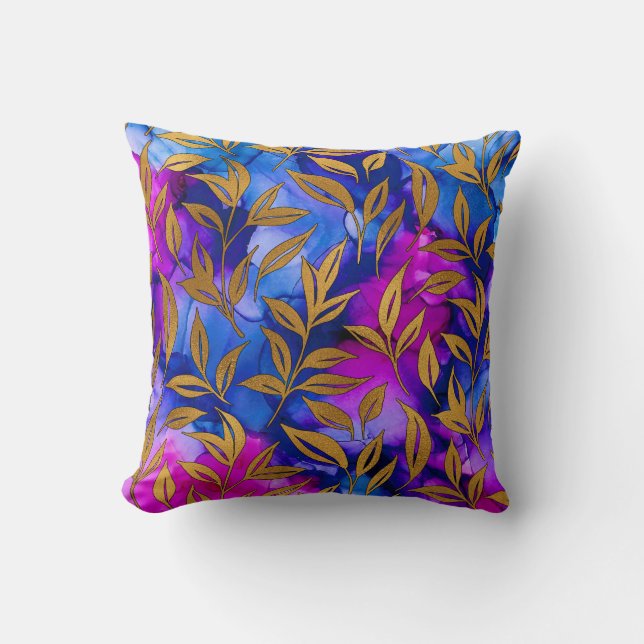 Elegant Exotic Gold Leaves Abstract Purple Blue Throw Pillow (Front)