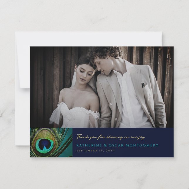 Elegant Exotic Peacock Feather Photography Wedding Thank You Card (Front)