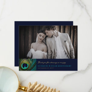 Elegant Exotic Peacock Feather Photography Wedding Thank You Card