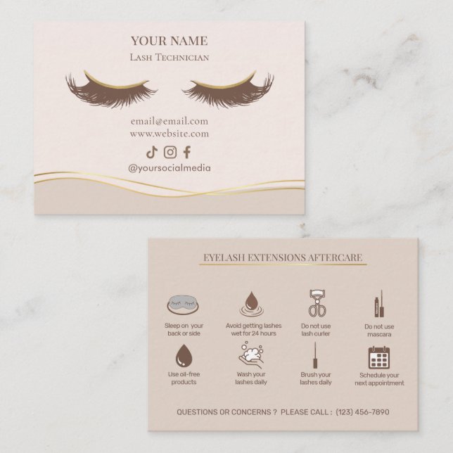 Elegant Eyelash Extensions Lash Aftercare Business Card (Front/Back)